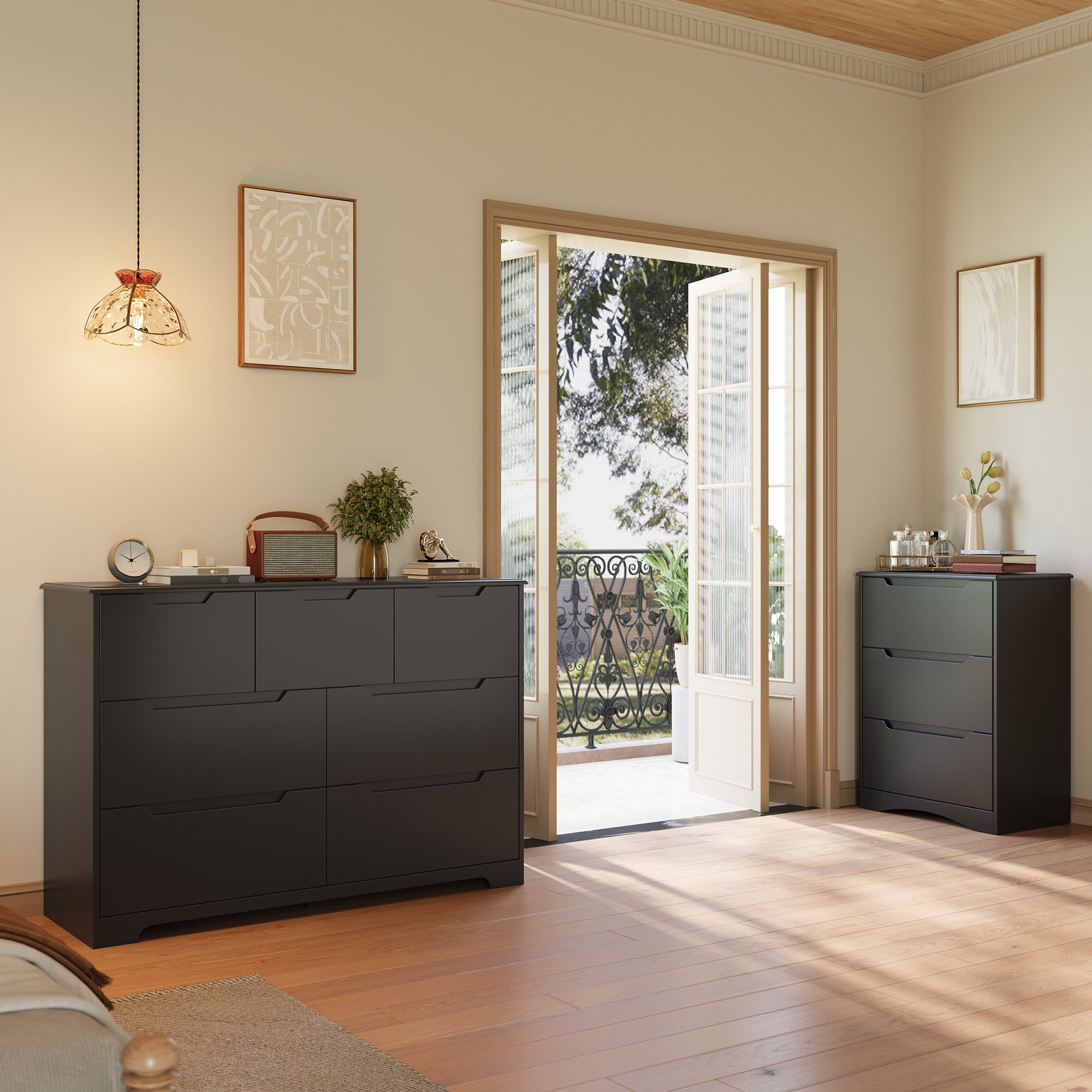47" Wide Modern Dresser, Lofka 7-Drawer Storage with Thick Top & 14" Deep Drawers (3 Small + 4 Large), Smooth Glide, No-Handle Design, Easy Assembly, Anti-Tip, Black