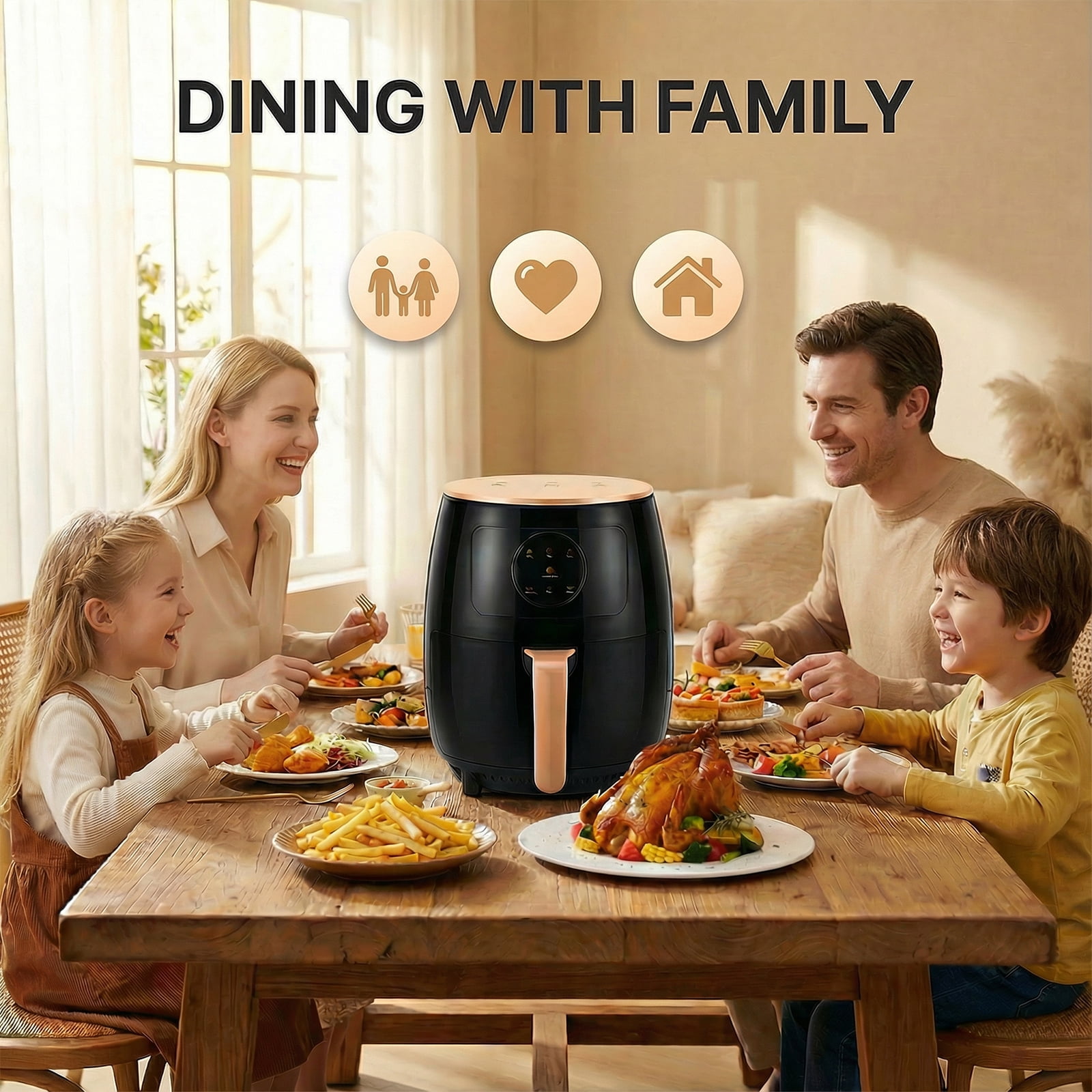 Air Fryer 5L , adjustable temperature up to 200°C, 0-60-minute timer, 7 preset menus, oil-free cooking, and 1350W power, ideal for families of 3-5 people.