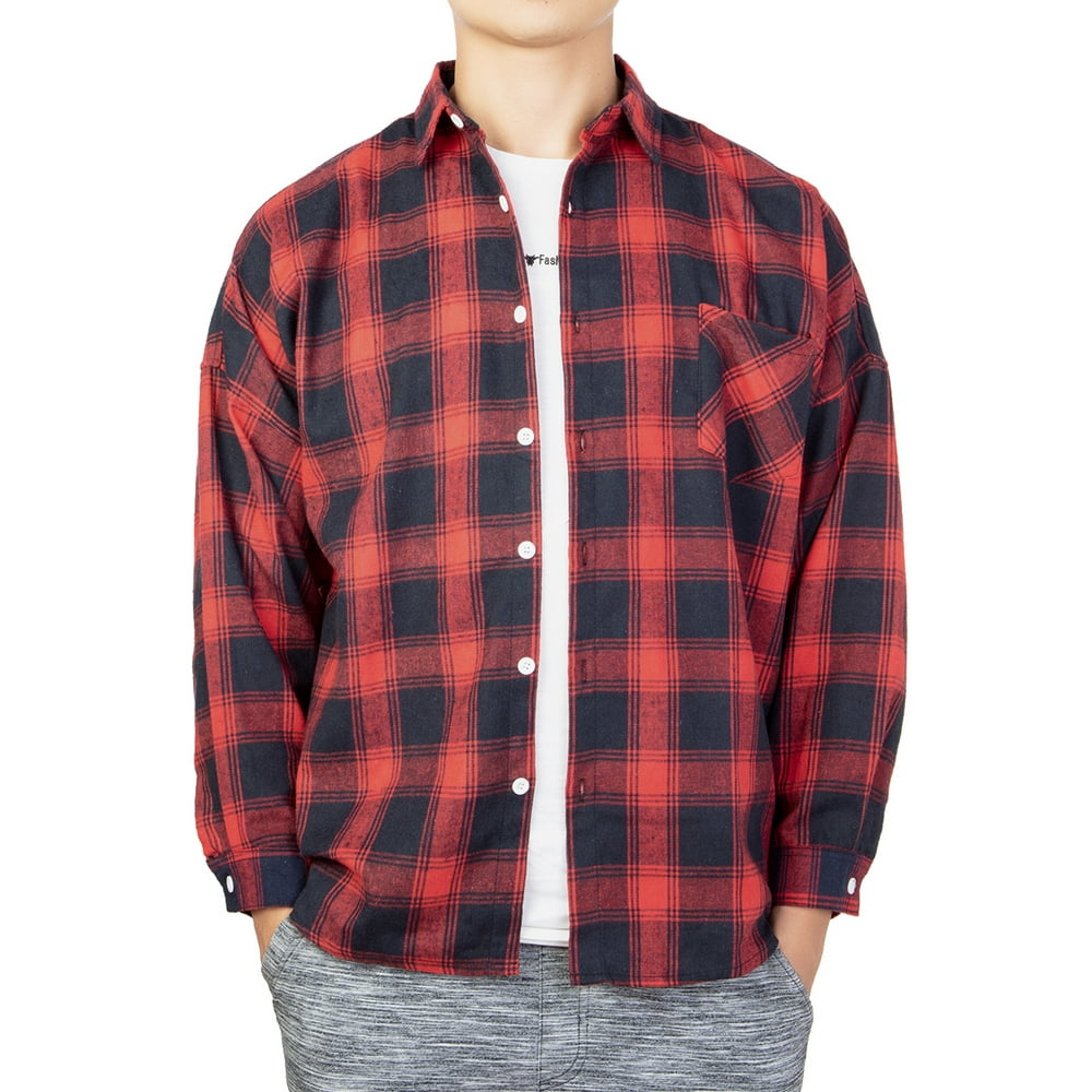 Lelinta LELINTA Mens Long Sleeve Red Plaid Shirt Flannel Plaid