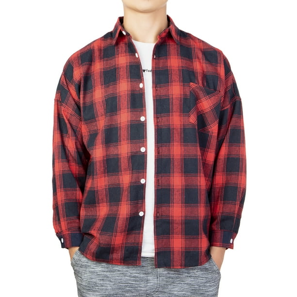 LELINTA Men's Long Sleeve Plaid Shirt Flannel Plaid Mens Button Down Workshirt Black Red Blue - Walmart.com