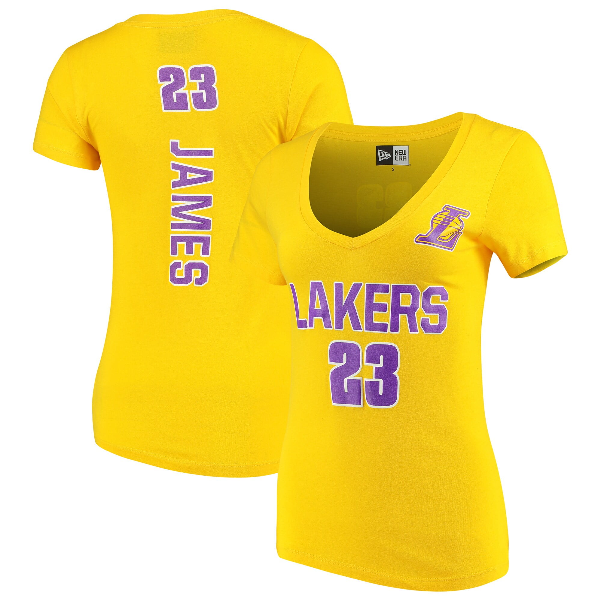 Women's New Era LeBron James Gold Los Angeles Lakers Baby Jersey Name & Number V-Neck T-Shirt