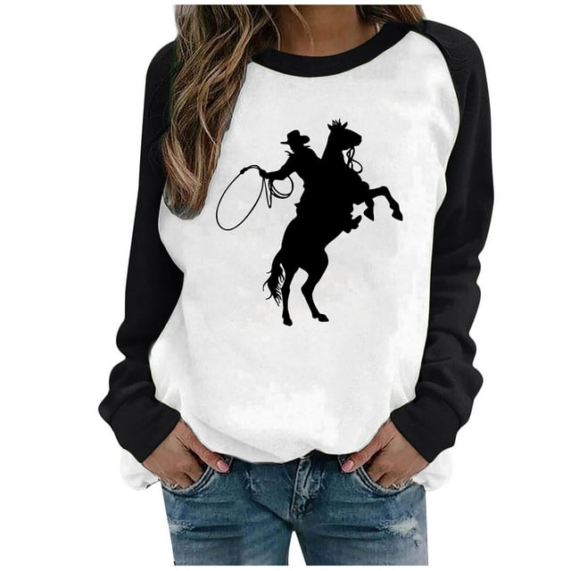 CEHVOM Mode Femmes Décontracté Imprimé Col Rond Manches Longues T-Shirt Ample Blouse Pull Tops Chandails en Molleton Sans Capuche Liquidation
