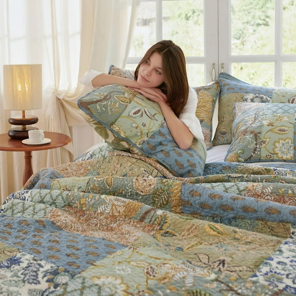Twin Size Quilt Set - Cotton Comforter with 2 Pillow Shams, Patchwork Reversible Lightweight Bedspread