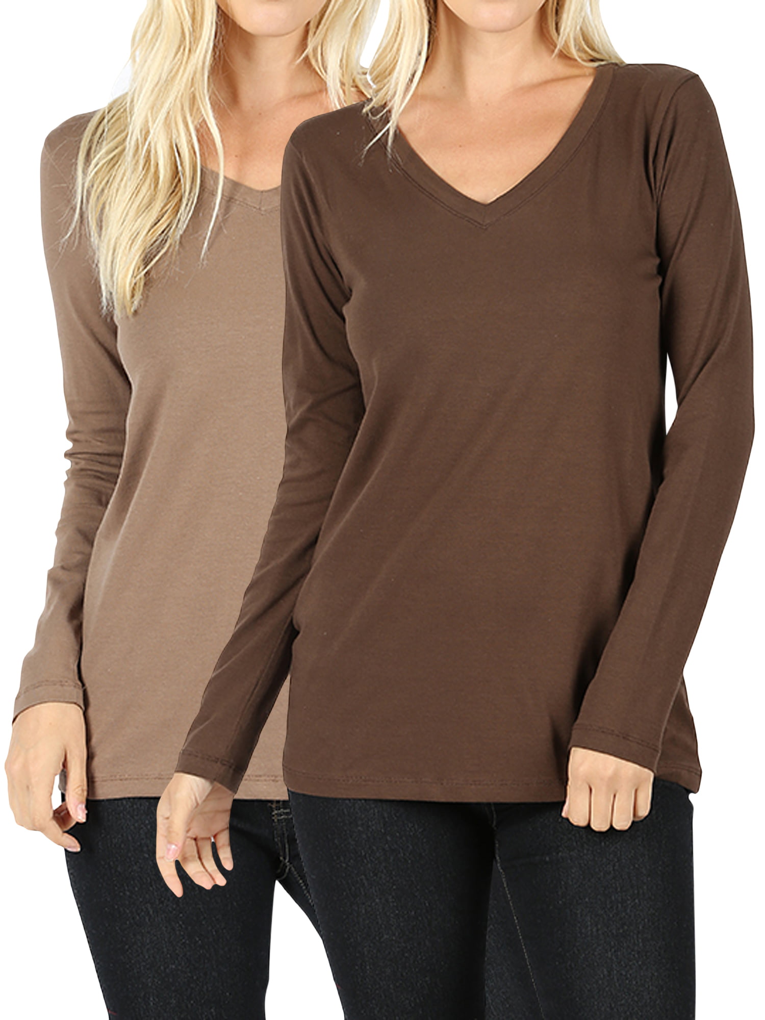 Women Casual Basic Cotton Loose Fit V-Neck Long Sleeve T-Shirt Top