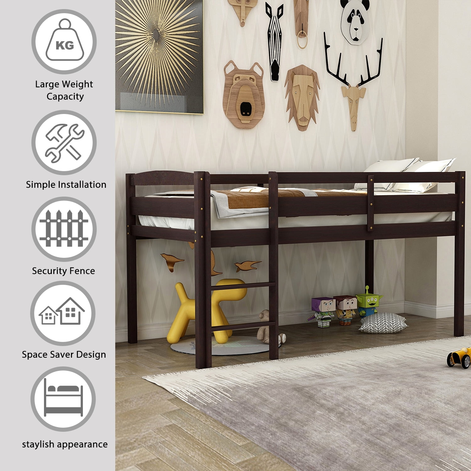 Euroco Wood Loft Bed with Ladder, Twin Size for Kids Teens, Espresso