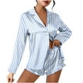 thumbnail image 1 of Qertyioot Tendances pour Femmes Ensemble de Pyjama Ample Décontracté Col en V Rayé Manches Longues Hauts+shorts Chemise, 1 of 5