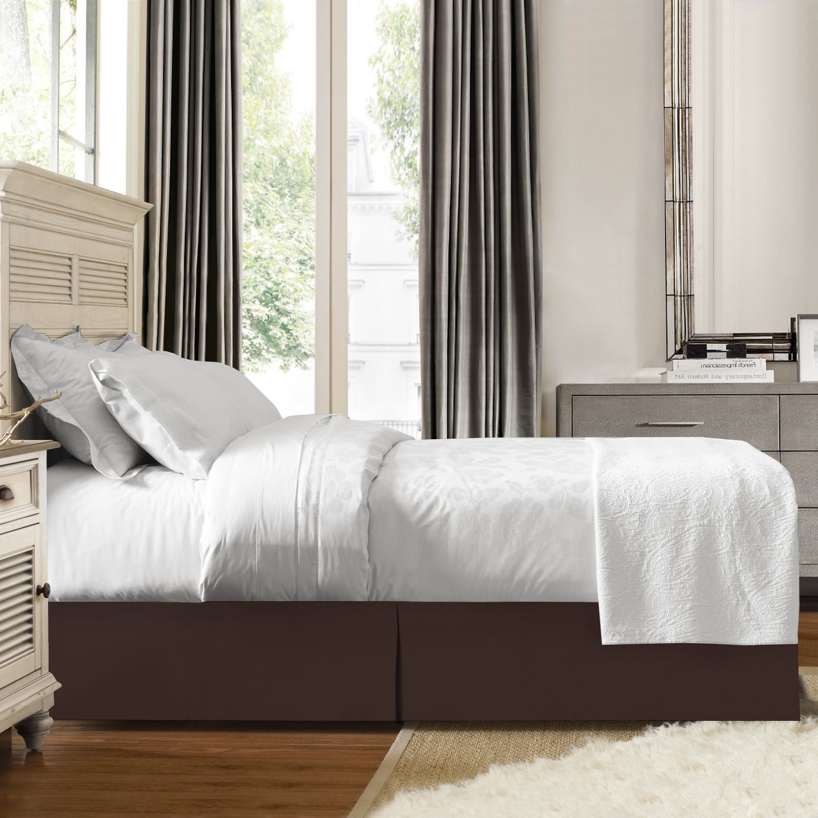 14" Tailored Pleated Bed Skirt Dust Ruffle, Cal King, Chocolate Brown, by Clara Clark