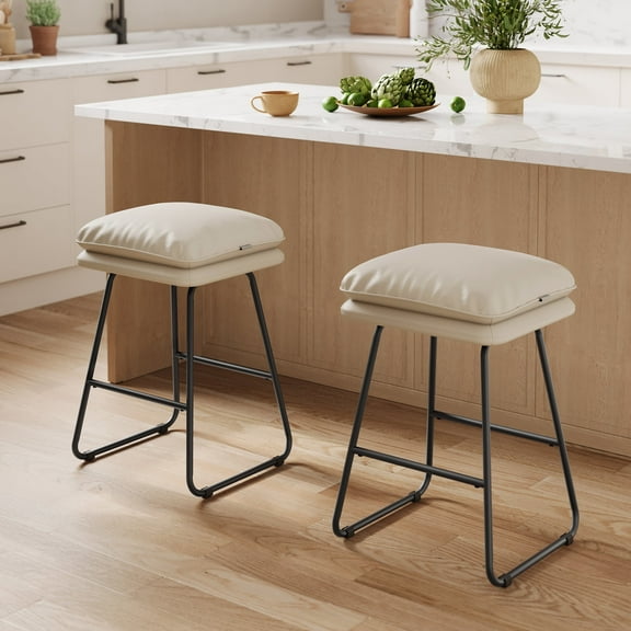 Set of 2 Modern Counter Height Bar Stools, Faux Leather Upholstery with Soft Cushion & Metal Sled Base, 25.6 Inch, Cappuccino Beige