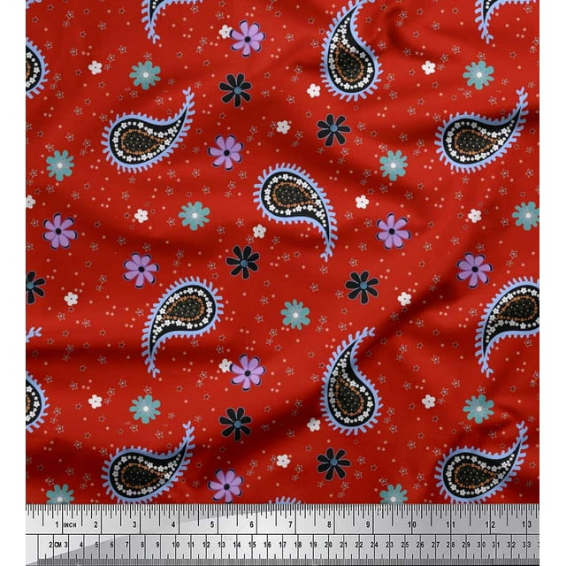 Soimoi Red polyester Crepe Fabric Star,Paisley & Cosmos Floral Print Fabric by the Yard 42 Inch Wide