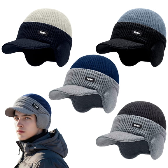 Dwellin Men's Winter Knitted Earflap Hat Fleece Lined Ski Cap with Brim and Ear Flaps 2026 Outdoor Warm Bean1e for Cold Weather