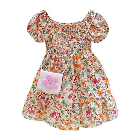 

Summer Ruffle Puff Sleeve Toddlers Girls Baby Fashion Cute Princess Dress Floral Printed With Satchel Bag Child Sundress Streetwear Kids Dailywear Outwear