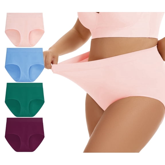 Plus Size S-4XL High Waisted Briefs for Women Plus Size Ladies Underwear Stretch Full Coverage Panties 4 Pack