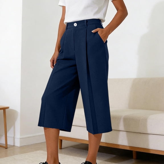 Cagogo Women's High Waisted Wide Leg Capri Pants with Pockets Casual Solid Loose Cropped Palazzo Trousers Summer Beach Work Lounge, Navy 2XL