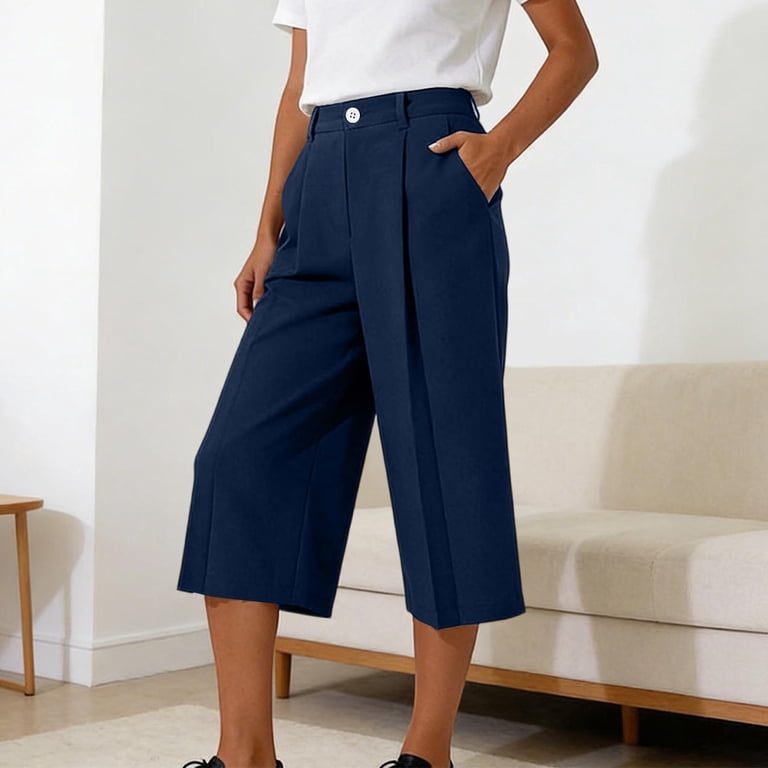 knee length dress pants Ahtjrt Capri Dress Pants for Women Below the Knee Length Tailored Button Front Work Pants with Pockets Summer Formal Business Golf Pants Navy M,