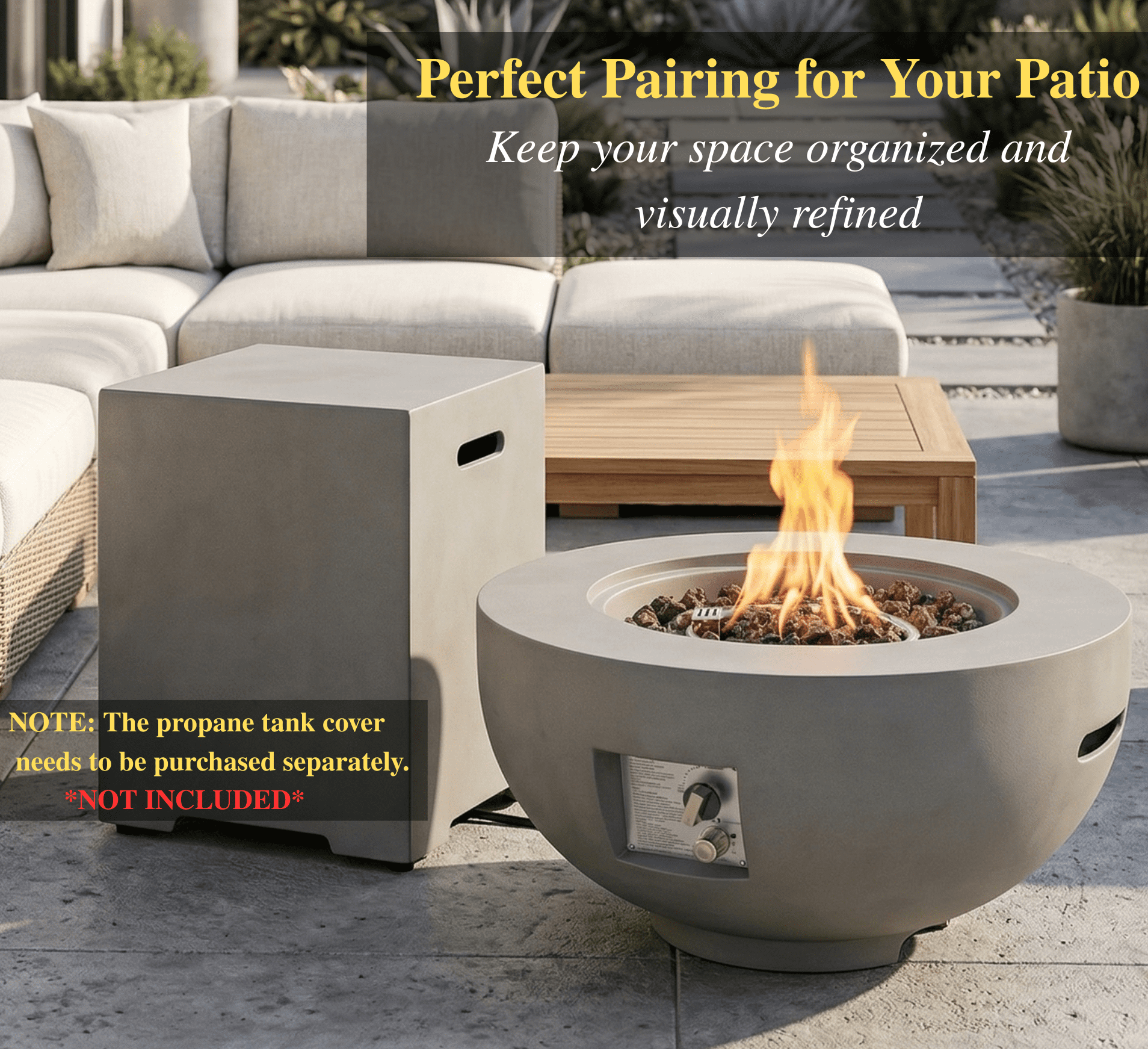 Anykoon 28" Outdoor Round Propane Fire Pit Table, 40,000 BTU Light Concrete Fire Pit with Lava Rocks, Rain Cover & Lid, Light Grey for Patio Garden Deck