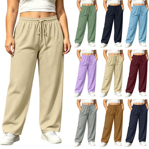 DYTTDG Women's High Waist Wide Leg Sweatpants, Solid Color Elastic Drawstring Waist Casual Pants with Side Pockets for Loungewear
