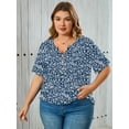 thumbnail image 2 of SHOWMALL Women's Plus Size Henley Shirt Short Sleeve V Neck Tunic Tops Button Up Blouse Navy Blue Vertical Floral 1X Casual Pleated Basic Tops, 2 of 6