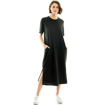 Iconic Luxe Women's French Terry T-Shirt Dress with Slits Black Small