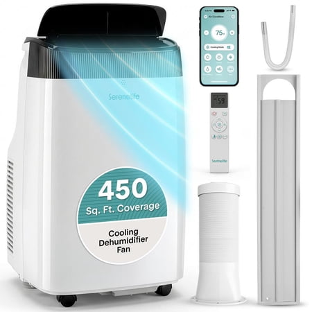 SereneLife 10,000 BTU Portable Air Conditioner with WiFi – 3-in-1 AC, Fan & Dehumidifier with Remote, 24H Timer & Window Kit for Rooms up to 450 Sq Ft
