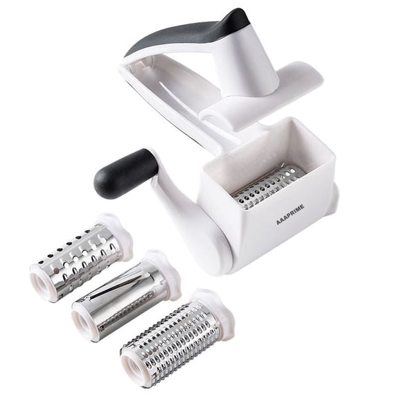 Cheese Grater with Hand Crank, Fine Stainless Steel Drum, Right or Left Handed Use, Durable ABS Plastic, Compact Storage,with 3 Drums, Manual White