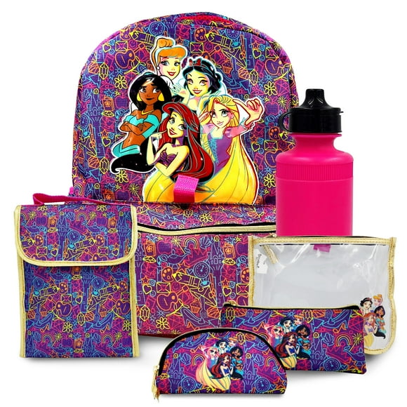 Disney Princess Backpack 16 inch Child Fabric Backpack with Lunch Box - 6 Piece Set for Kids