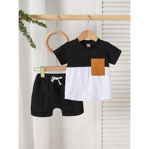 SunnyTots Baby Boys Summer Clothes 6 12 18 24 Months 2T 3T Boy Toddler Outfits Short Sleeve Contrast Color T shirt Tops Solid Color Drawstring Shorts Set for Streetwear Party Wear