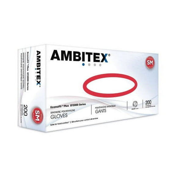 AMBITEX EconoFit Plus Powder-Free Polyethylene Gloves, Small, Clear, 200/Pack, 10 Packs/Carton, Each