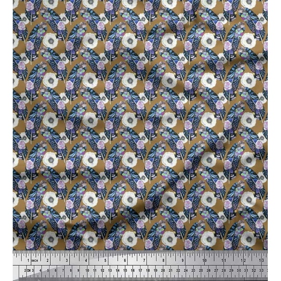 Soimoi Cotton Voile Fabric Anemone,Rose & Feather Print Fabric by the Yard 56 Inch Wide