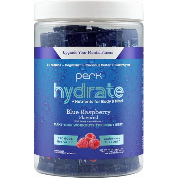 Perk Hydrate Electrolyte Stickpacks (Blue Raspberry) 20 Packets - Coconut Water, CDP-Choline, L-Theanine, Gluten-Free, Keto Friendly, Vegan