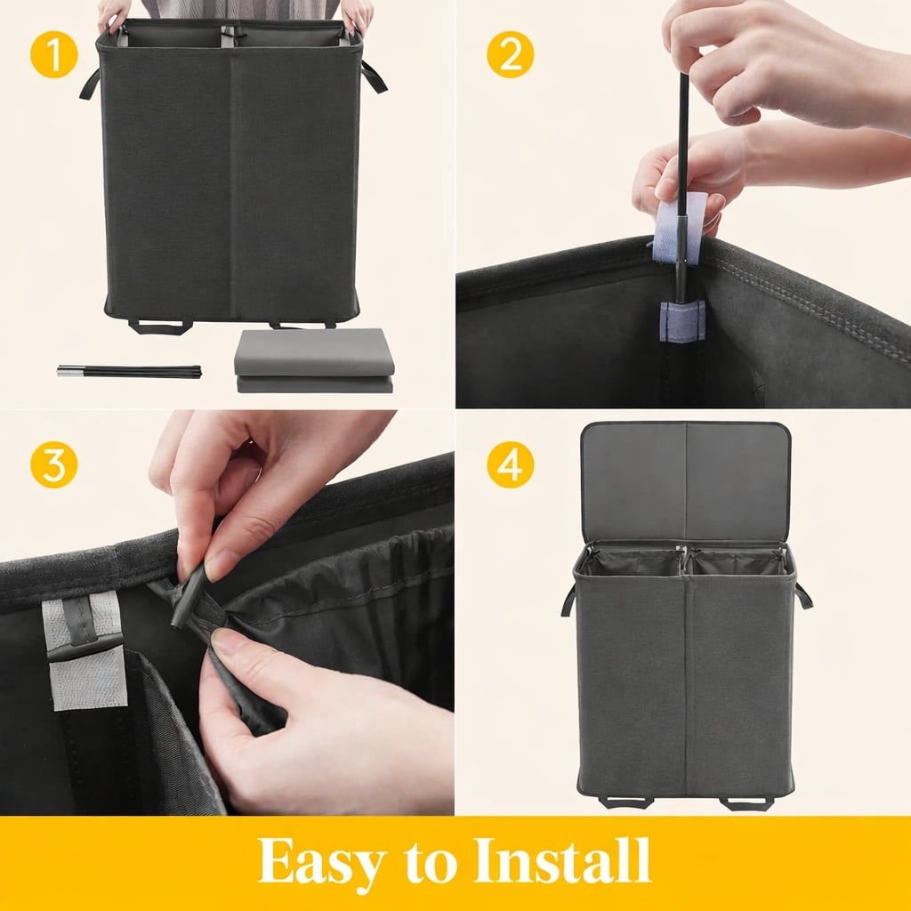 Norcho Double Laundry Hamper with Lid and Removable Bags, Large Collapsible 2-Divider Laundry Basket with Handles, 136L, Black