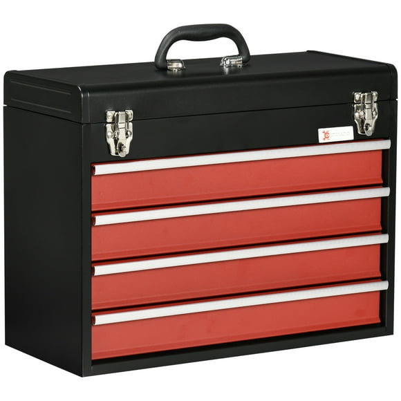 DURHAND 15.6" Tall Portable Metal Tool Box with Metal Latch Closure, 4 Drawer Tool Chest with Ball-bearing Slider for Garage, Household and Warehouse, Red