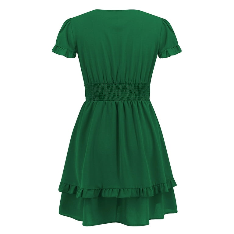Wycnly Dresses for Women 2024 Tie Front Elastic Waist Ruffle Swing Party Formal  Dresses Short Sleeve V-Neck Solid Summer Mini Formal Dress Green m Under $5  - Walmart.com