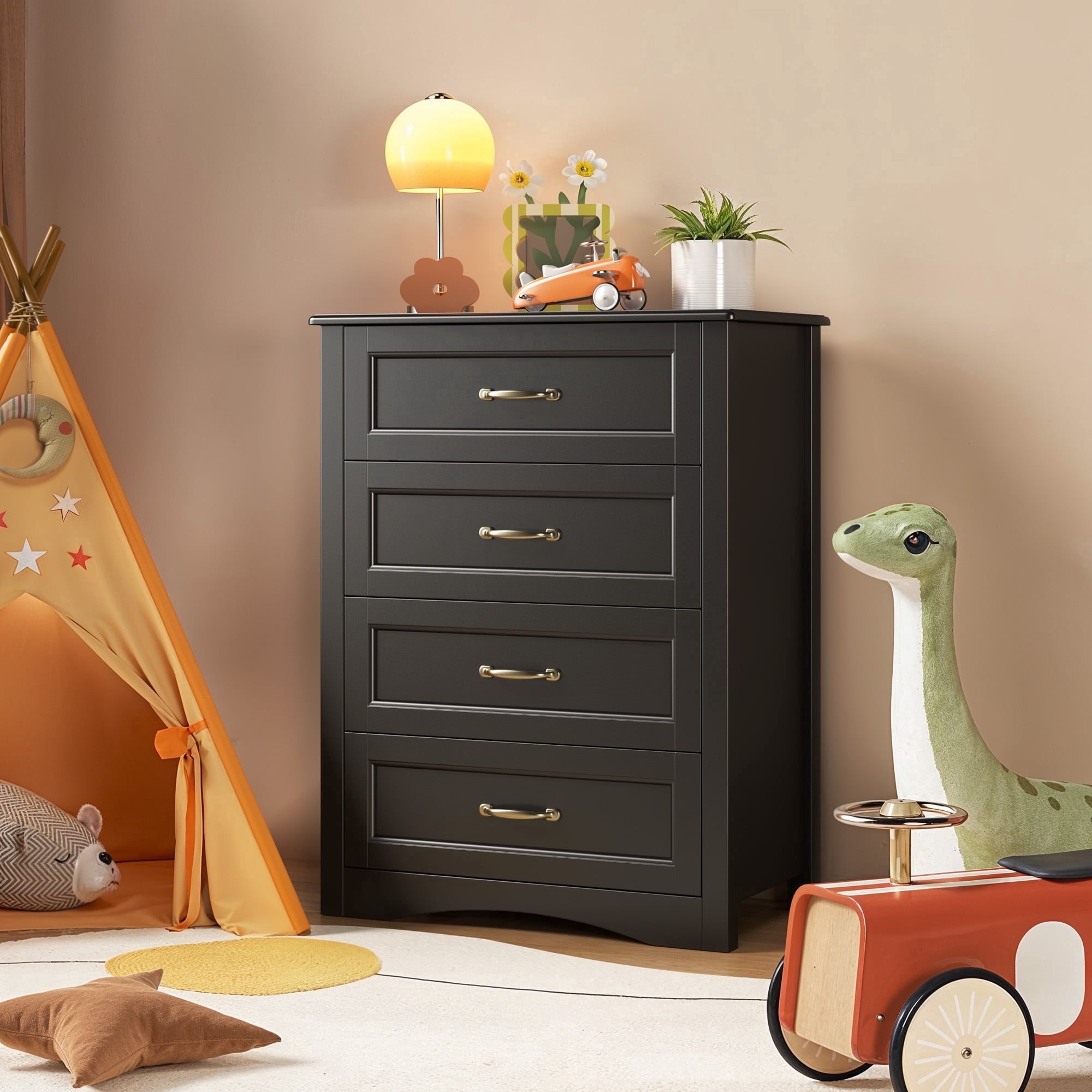 Noelse Dresser for Bedroom with 4 Drawers Wooden Chest of Drawers for Closet Dresser Storage Unit Organizer for Hallway Living Room and Office, Black