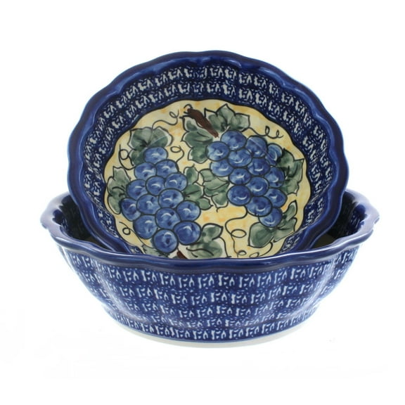 Blue Rose Polish Pottery Grapes Scallop Serving Bowl Set