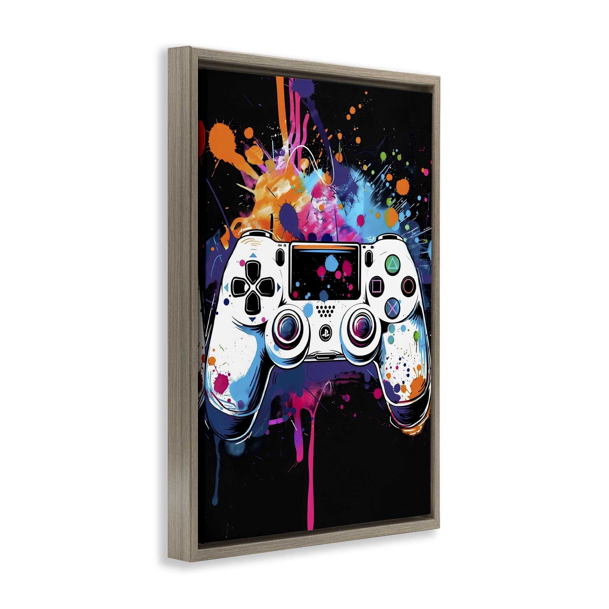 Stupell Industries Controller Contrast with Neon Splatter Brown Framed Floater Canvas Wall Art, design by Creative Studio