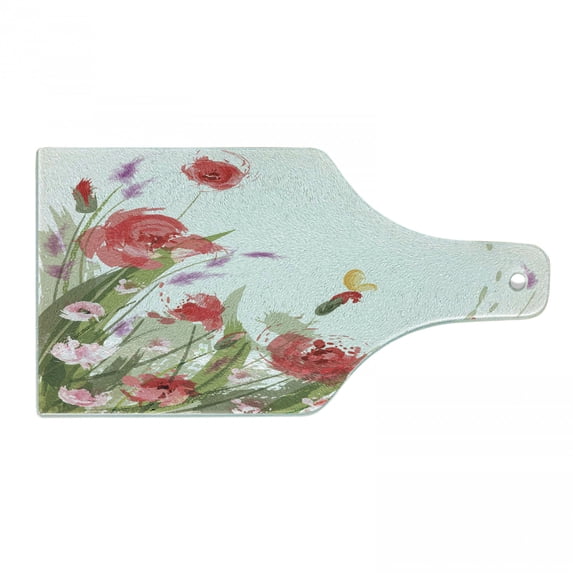 Spring Cutting Board, Artisitc Burshstrokes Botanical Image with Flowers Plants and Winged Insect Image, Decorative Tempered Glass Cutting and Serving Board, in 3 Sizes, by Ambesonne