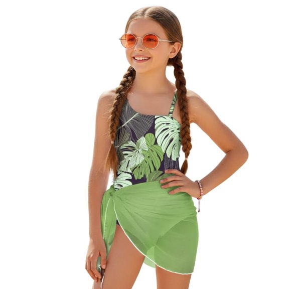 SEANATIVE Girls Swimsuits One-Piece Bathing Suit with Mesh Cover Up Skirt Lightweight Soft Swimwear Cut Out Design Beachwear with Adjustable Strap, Size 7-8, Tropical Monstera Leaf Green