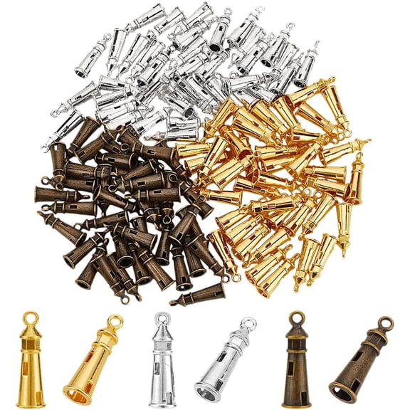 120 Pcs 3 Colors Alloy Lighthouse Shaped Charms Tibetan Style Tower Pendants Vintage Metal Pendants Charms for Necklace Bracelet DIY 25x8mm