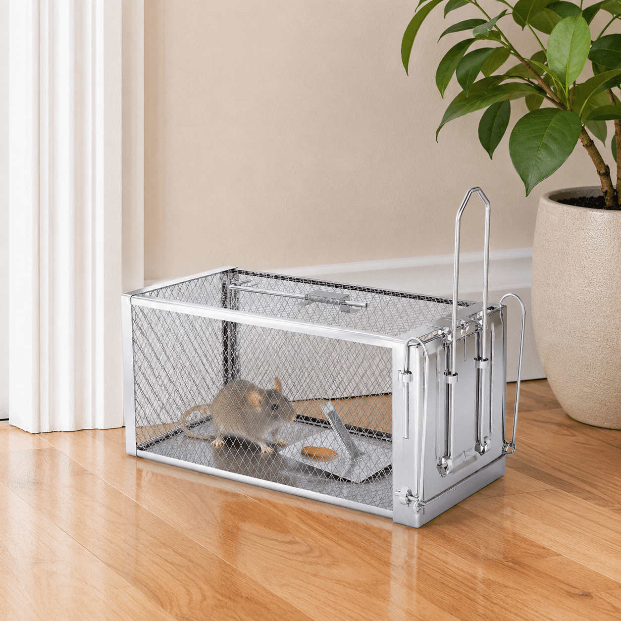 Galvanized Steel Humane Rat Trap Cage, Reusable, Single Door, Silver