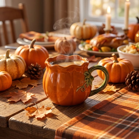 Orange Pumpkin Ceramic Mug, 10.8 oz Fall Thanksgiving Coffee Cup, Halloween Hot Beverage Mug for Office Desk
