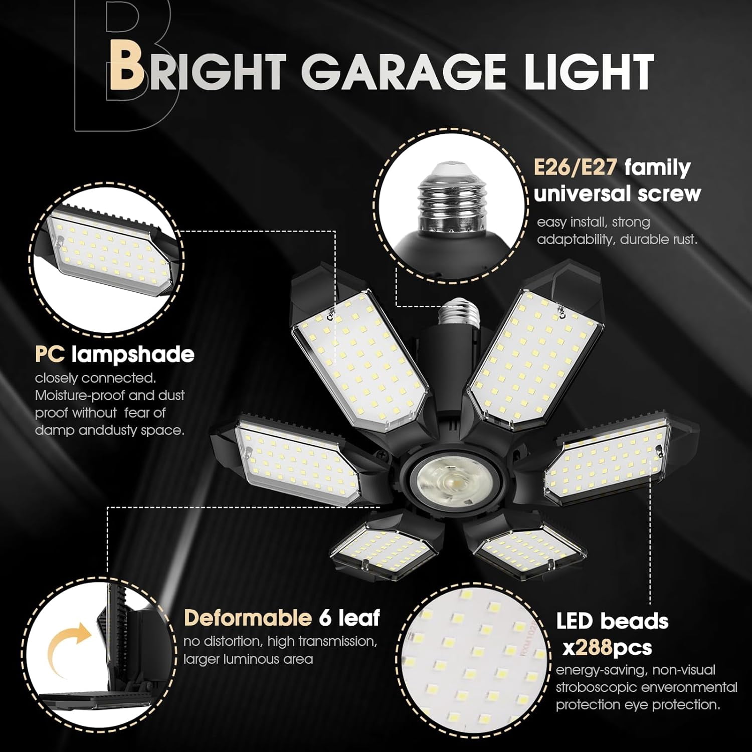 LED Garage Light 2 Pack Bright 20000Lm LED Workshop Ceiling Basement Lighting Fixture Srew in E26 E27 Bulb Socket with Adjustable Spotlight and 6 Deformable Panels for Warehouse Attic Cellar