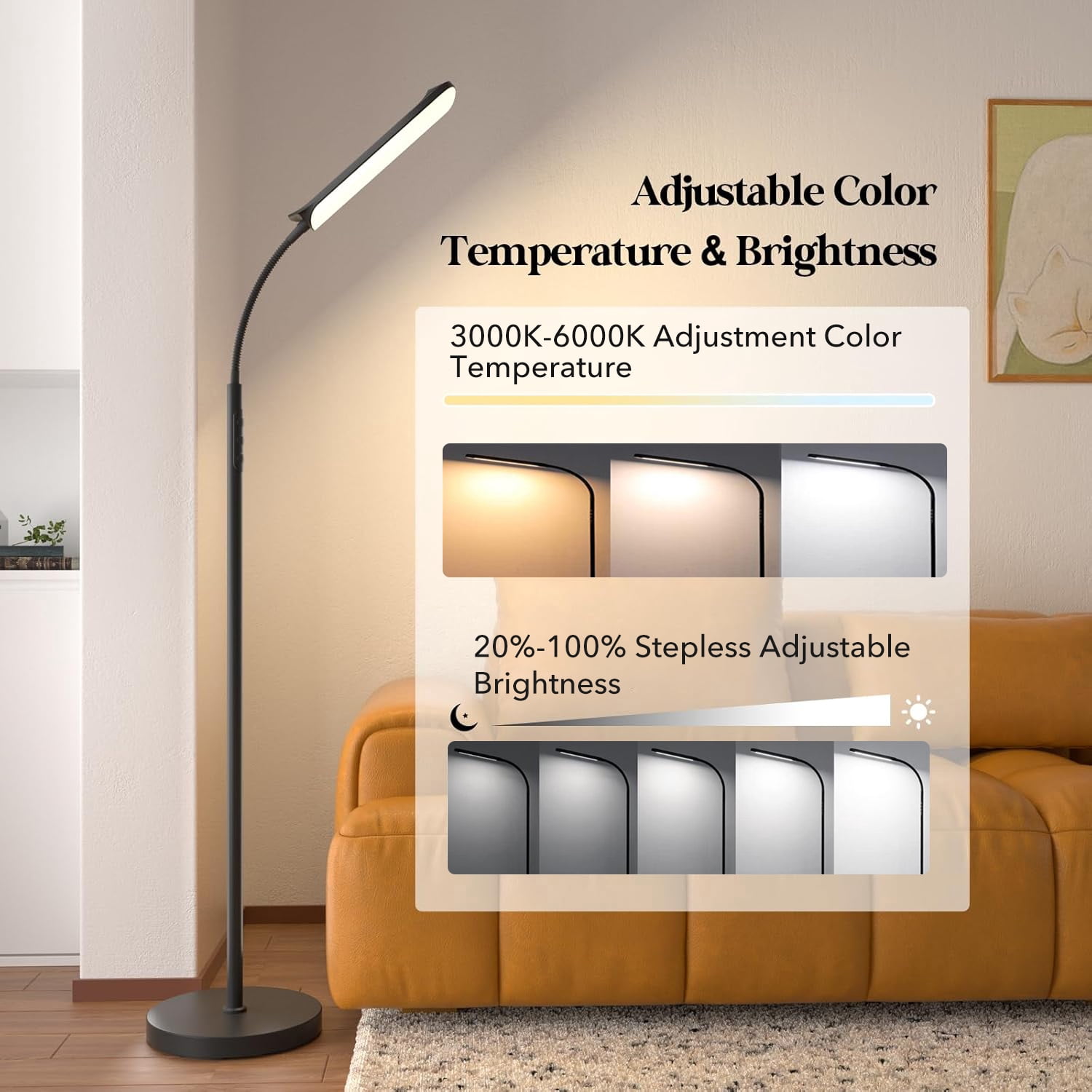 BN-LINK Floor Lamp with Timer, Standing Lamp with Remote and Touch Control, Stepless Adjustable Brightness & 3 Color Temperature, Tall Lamp for Living Room, Bedroom, Office