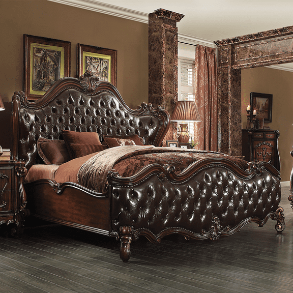 ACME Versailles Tufted Upholstered King Panel Bed in Dark Brown and Cherry Oak