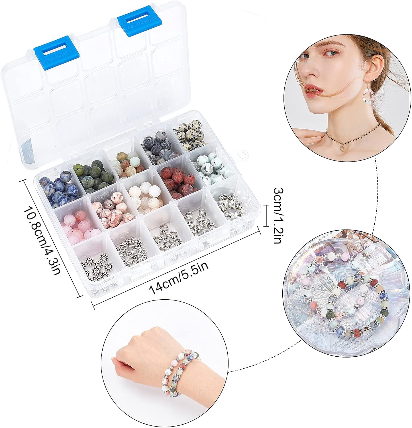 DIY Stretch Bracelets Making Kits Including Frosted Natural Gemstone Round Beads Alloy Spacer Beads Iron Beading Needles Gemstone Beads: 8~8.5mm Hole: 1mm 250pcs/set