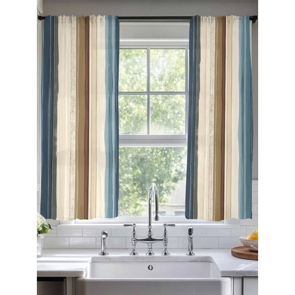 Vintage Striped Sheer Curtains 63 Inches Long 2 Panels Blue White Gray Stripe Abstract Retro Light Filtering Semi Sheer Window Curtains Drapes for Bedroom Living Room 52"x63"