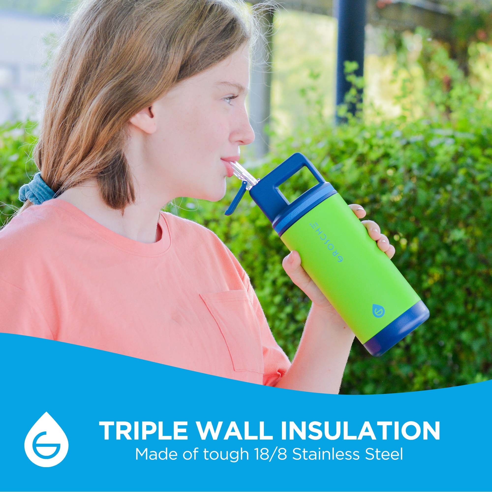 ALPINE Flip 'N Sip Kids Insulated Water Bottle With Straw - 16oz Kids Water Bottle - Dino Green