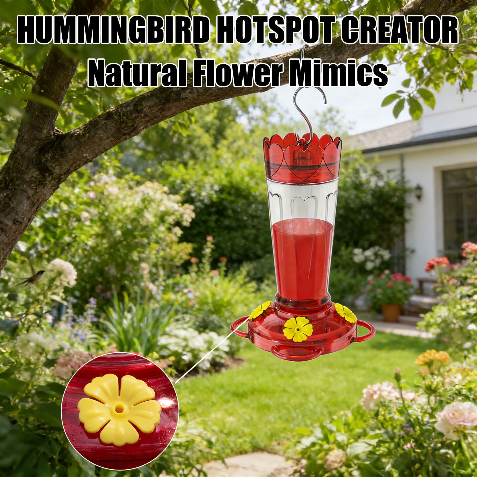 AURIGATE 2 Pcs Plastic Hummingbird Feeders, Hanging Outdoor Wild Bird Feeder with 4 Flower Shaped Ports, Red