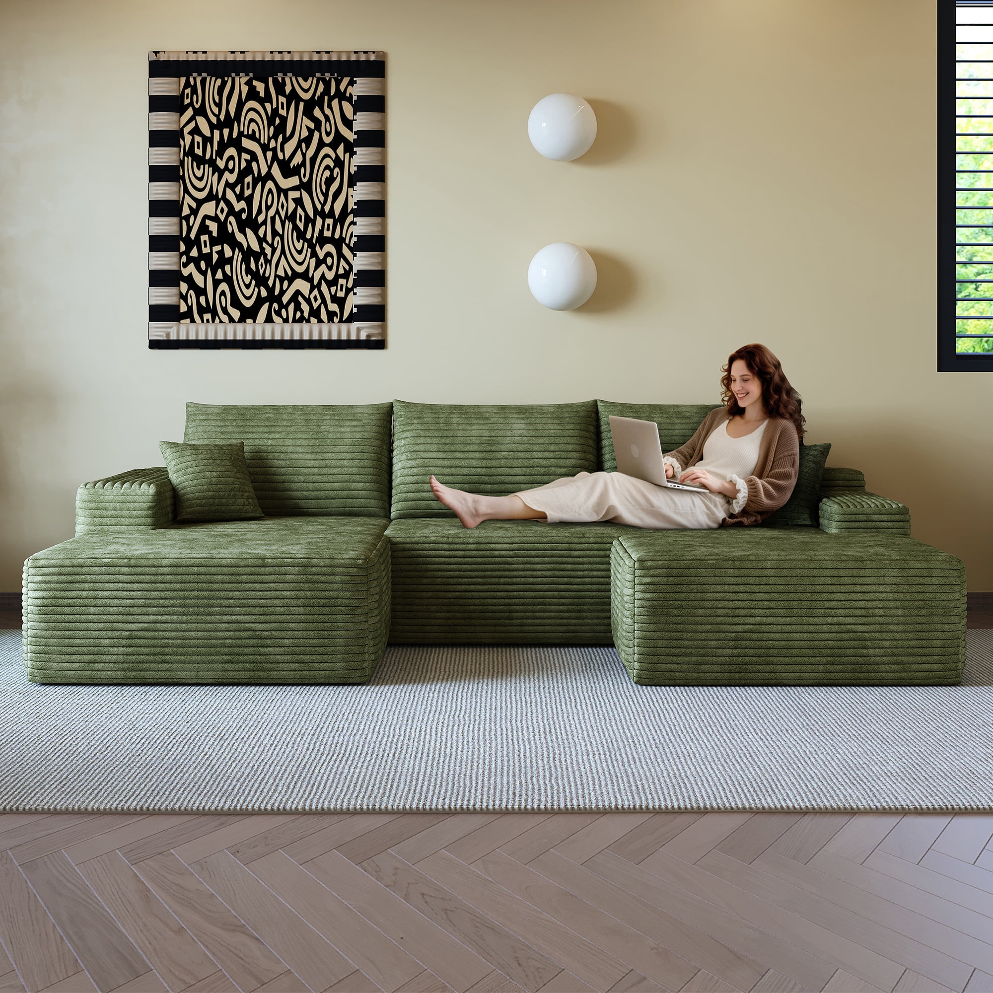 No-Assembly 107-Inch Cloud Sectional Sofa with Ottoman, Plush Corduroy U-Shaped Couch for Living Room, Deep Seat Corner Sofa, Green