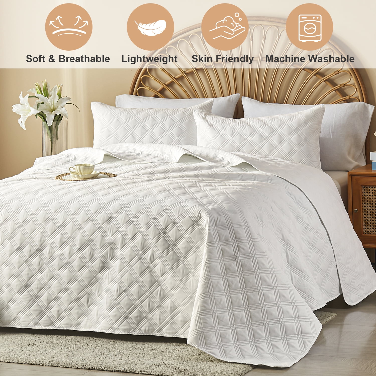 Davulos 3-Piece King Quilt Sets with Shams Soft Lightweight Coverlet Bedding Set Reversible Summer Coverlet，