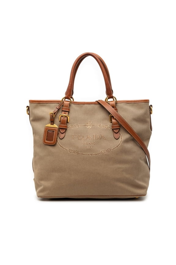 Pre-Owned Prada logo jacquard tote bag/shoulder bag, 2-way, beige/brown canvas and leather,...